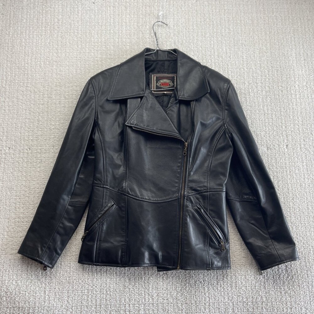 VTG 90's La Diligence Cuir Black Leather Biker Coat Jacket Canada Made Wom Sz L